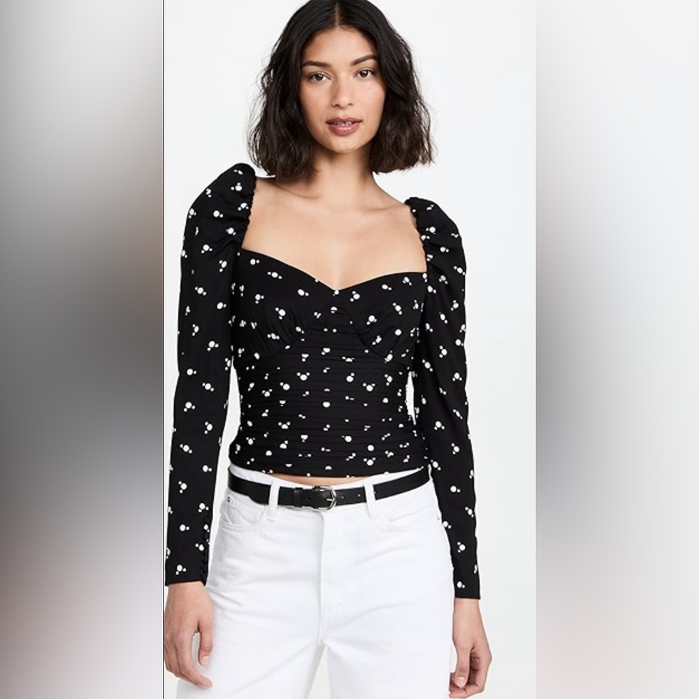 Self-Portrait Puff Sleeve Ruched Polka Dot Long Sleeve Blouse